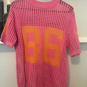 Pink Mesh Knit Jersey Top with Yellow Numbers